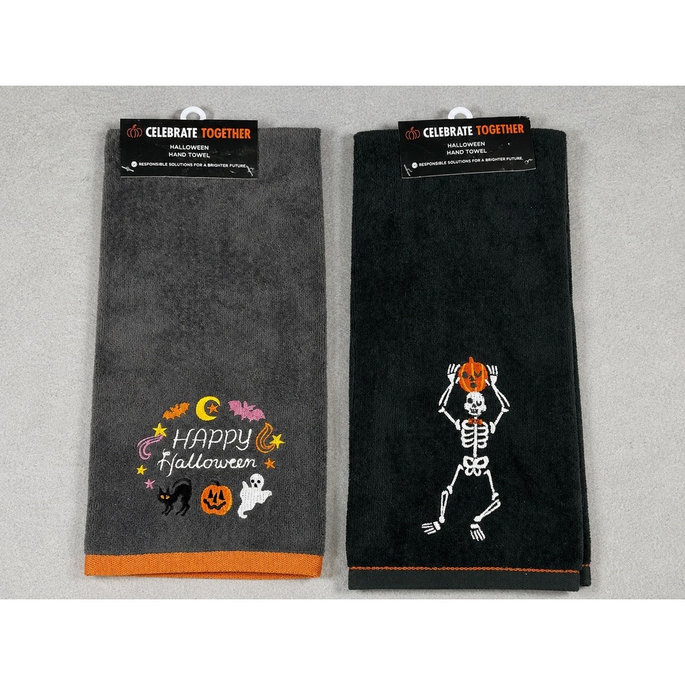 Celebrate Together Halloween Hand Towels Lot of 2 Skeleton Happy Halloween 16x25